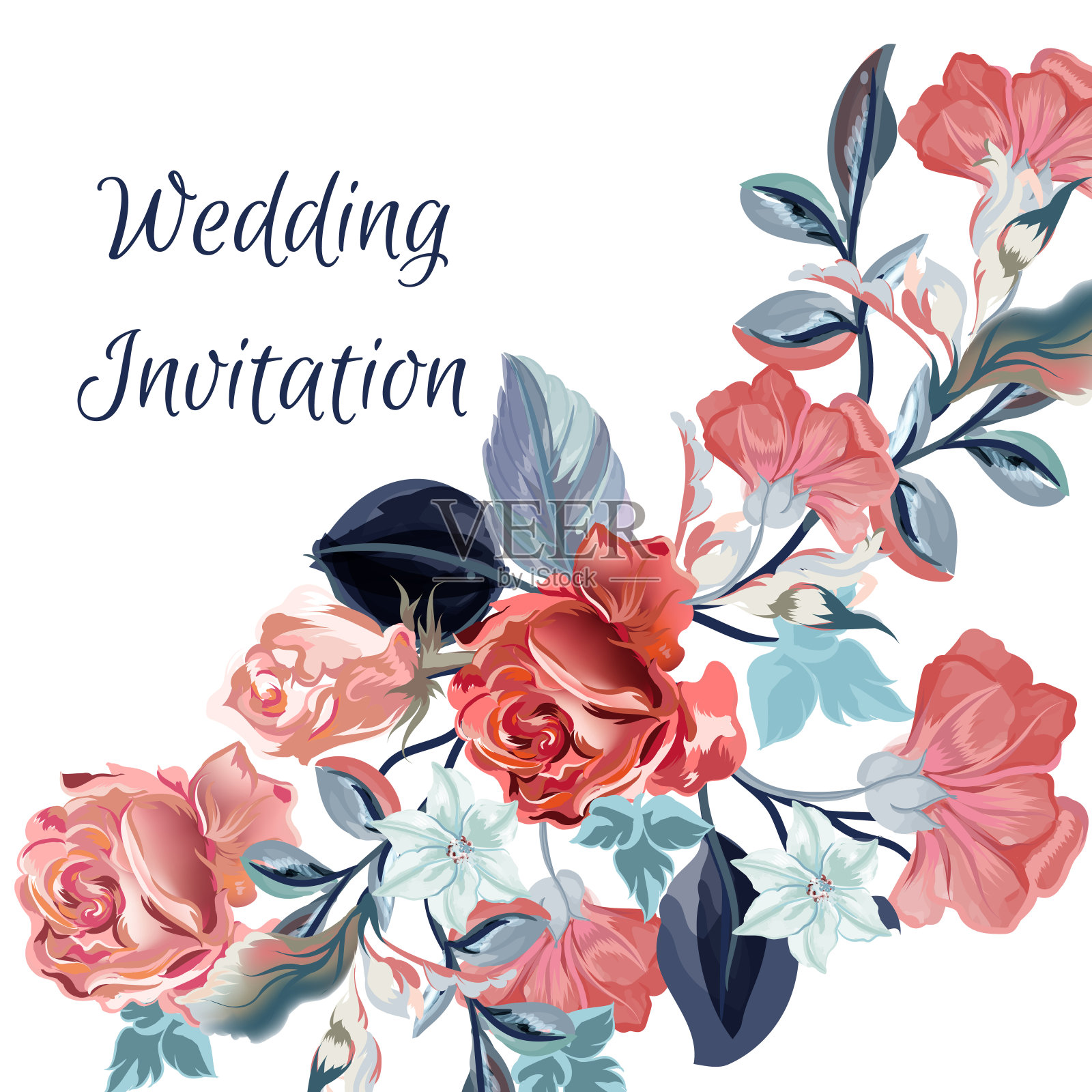 保存带有鲜花的日期卡片或婚礼邀请函设计模板素材