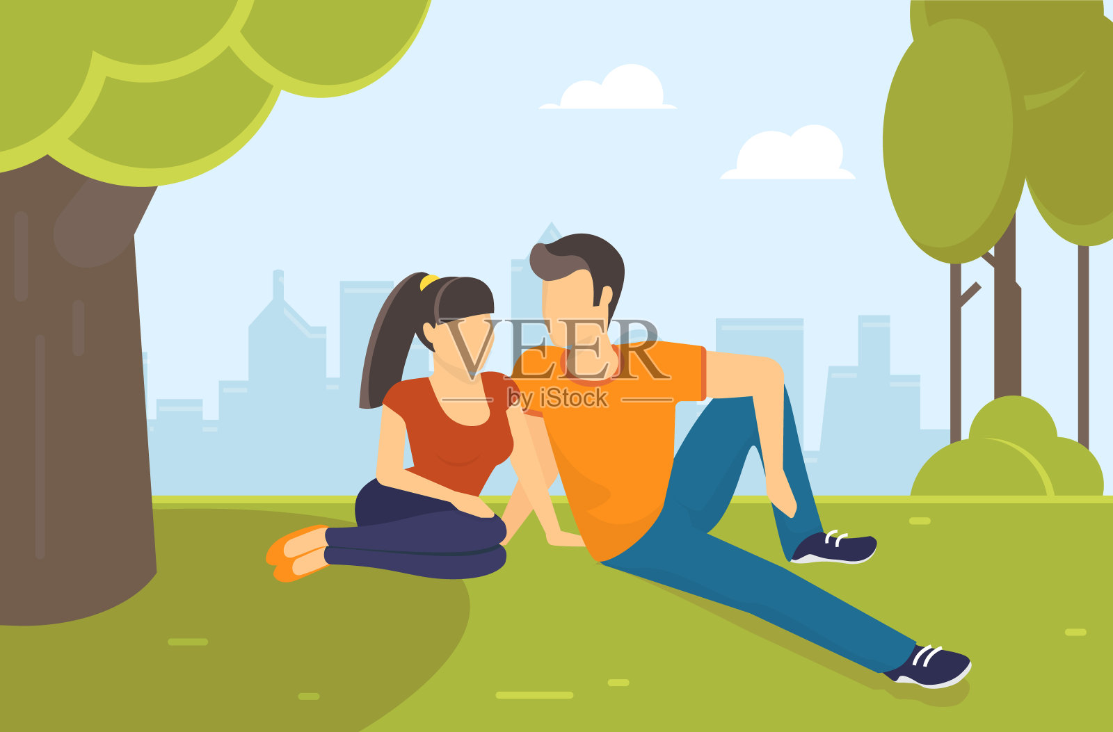 休息夫妇平面矢量概念插图年轻的青少年夫妇坐在公园的草地上聊天插画图片素材