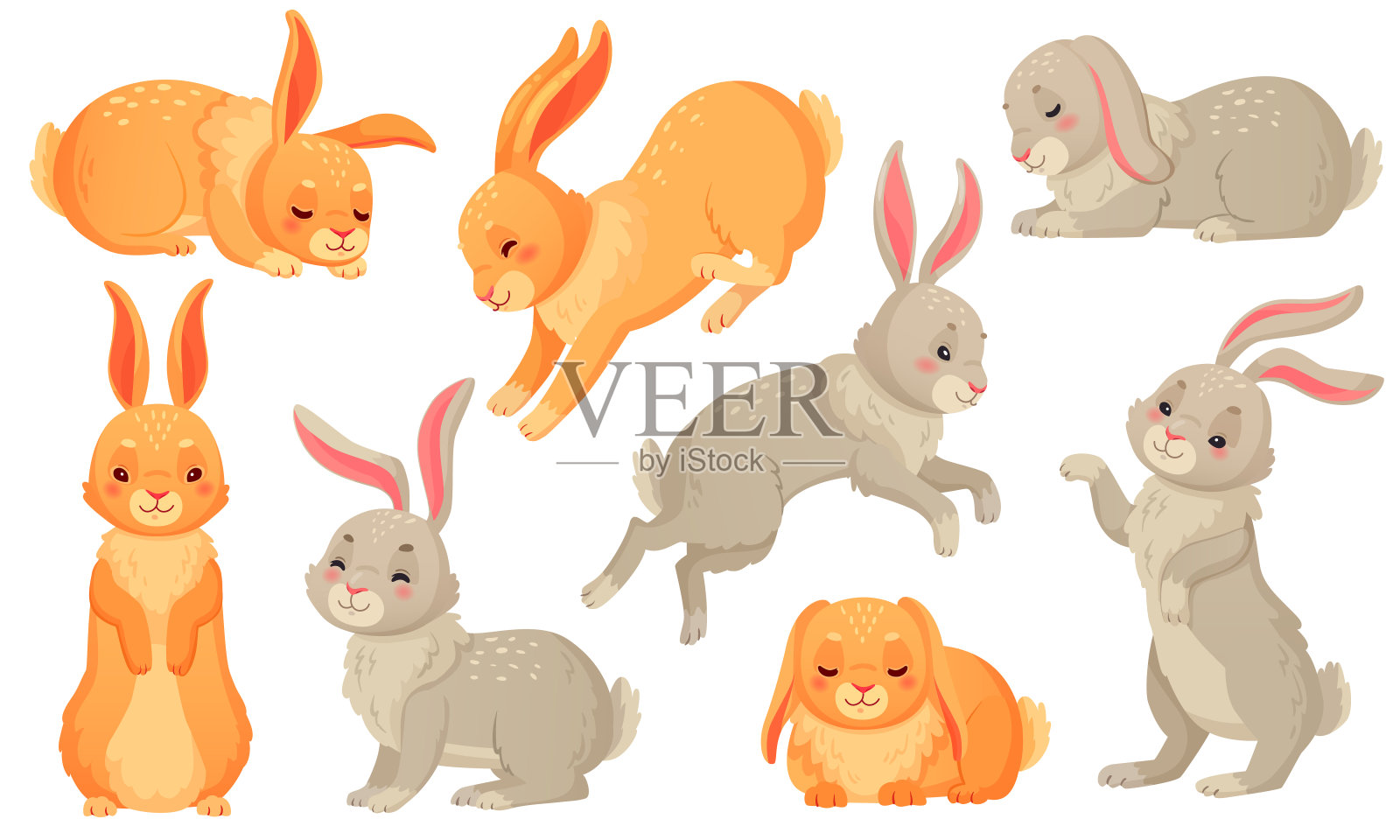 卡通兔子。兔子宠物，复活节兔子和毛绒小弹簧兔宠物隔离矢量插图集插画图片素材