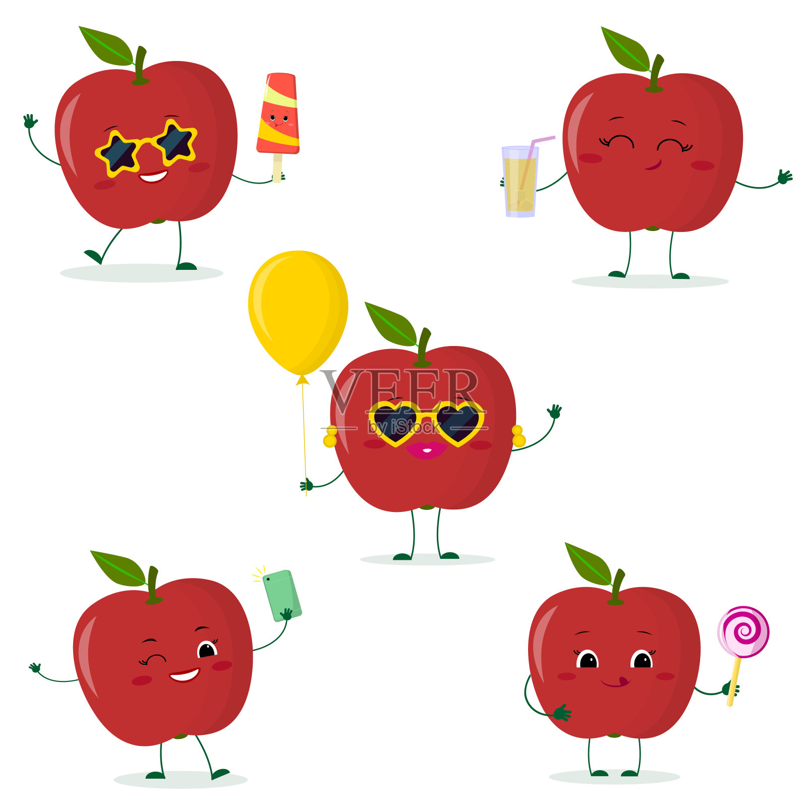 卡通风格的五个红苹果笑脸。装在装有冰淇淋的玻璃杯里，有气球，有棒棒糖，有果汁，还有自拍照手机。平的,矢量图插画图片素材