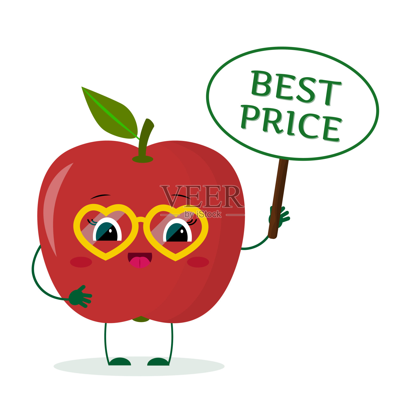 可爱的红苹果卡通人物戴着黄心眼镜，手中的盘子是价格最优惠的。矢量插图，平面风格设计元素图片