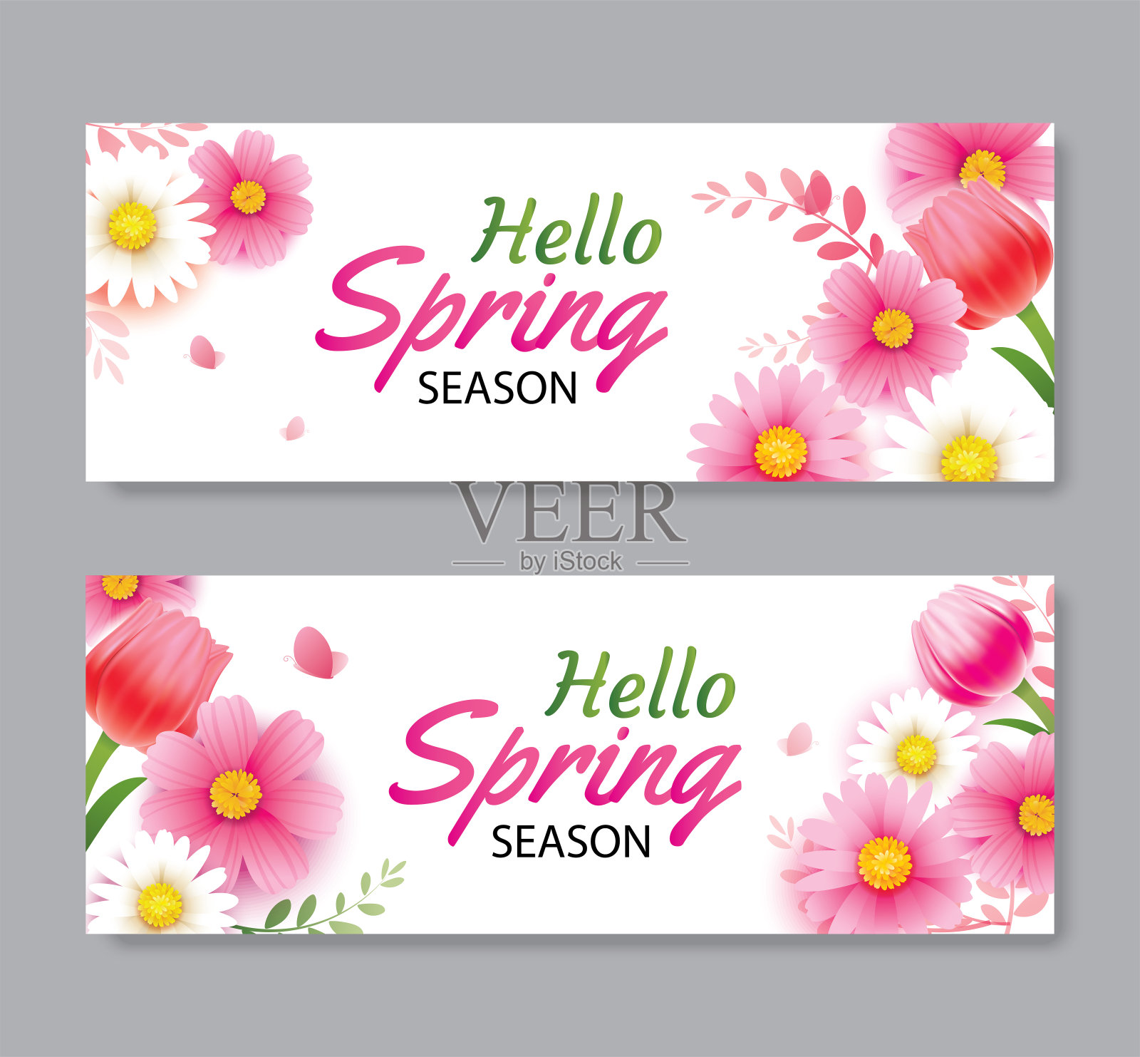 你好春天贺卡和邀请与盛开的鲜花背景模板。设计封面，传单，海报，小册子，横幅。设计模板素材