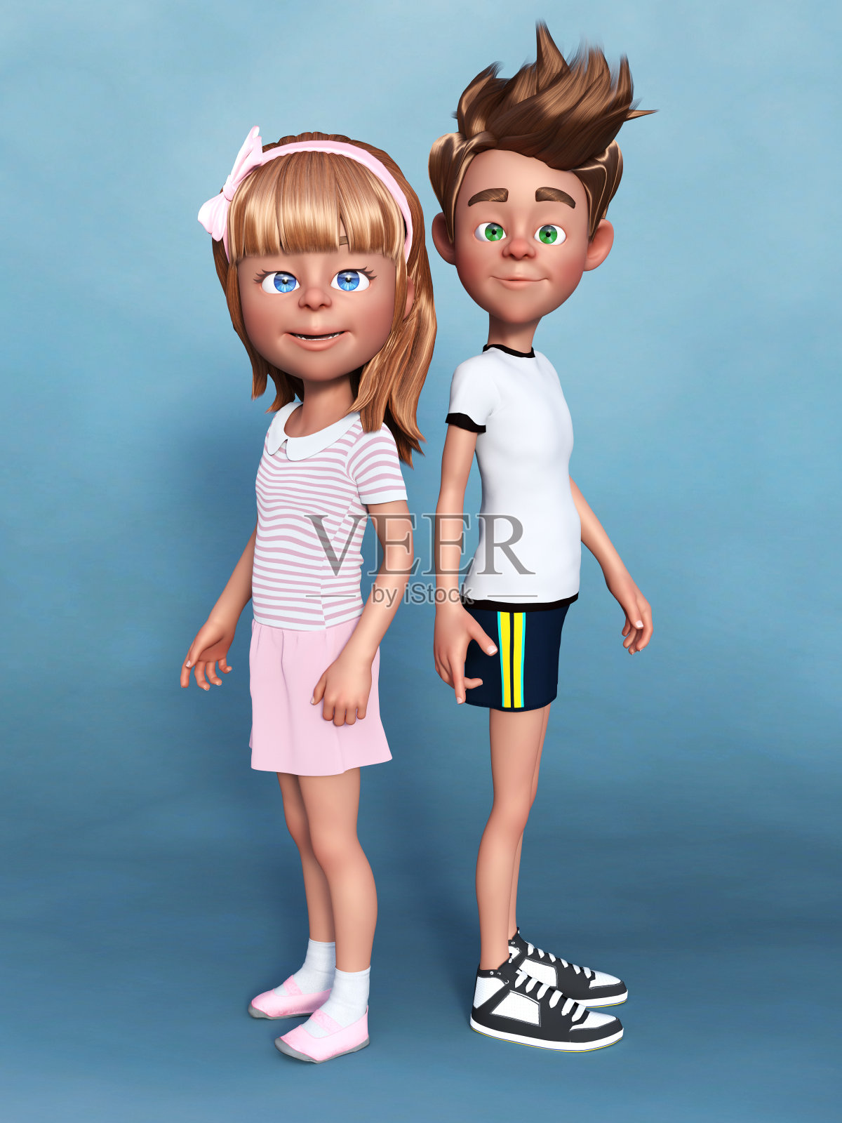 3D渲染的卡通女孩和男孩摆姿势的相机。照片摄影图片