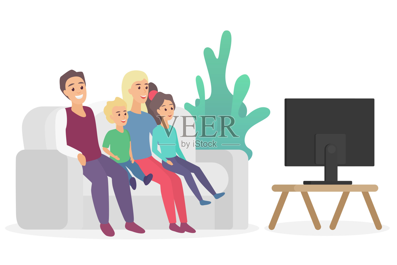幸福一家人坐在家里的沙发沙发上看电视平面矢量插图。插画图片素材