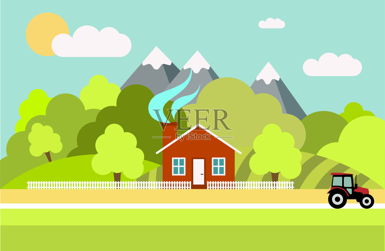 平面风格的房子在自然上的矢量插图。插画图片素材
