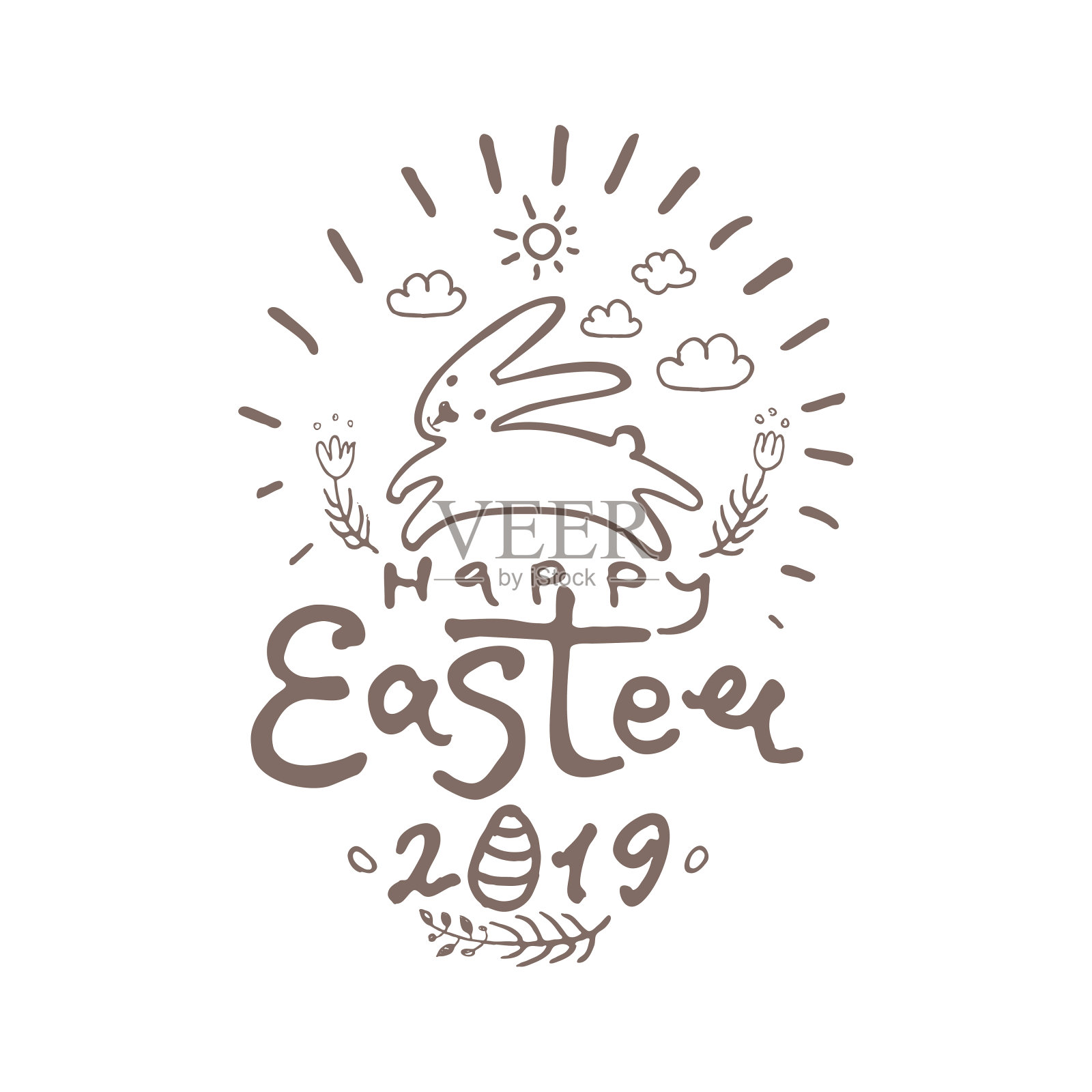 2019年复活节快乐。矢量模板与字母和复活节兔子跳。插画图片素材