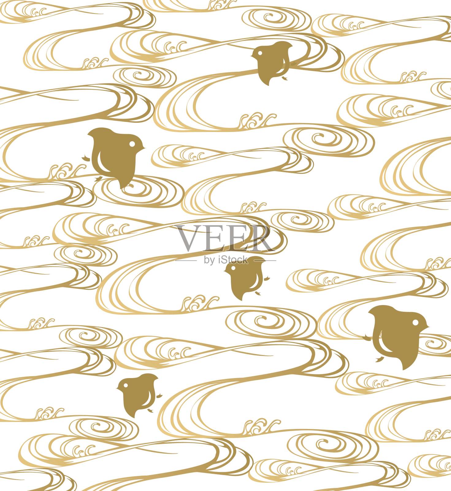 日本波浪模式矢量与鸟的图标。手绘波浪背景。插画图片素材