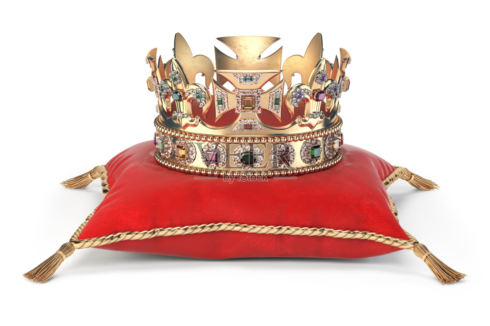 金色皇冠与珠宝在红色天鹅绒枕头加冕孤立在白色。照片摄影图片