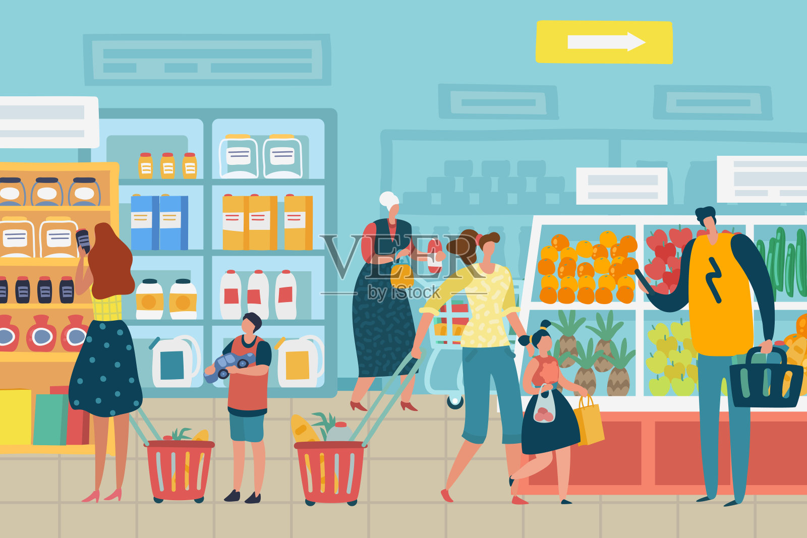 人们在商店。顾客选择食品超市家庭购物车购物产品分类杂货店室内概念插画图片素材