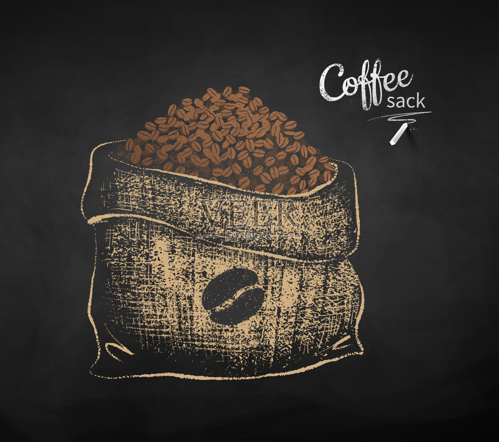 用粉笔画开袋咖啡豆的草图插画图片素材