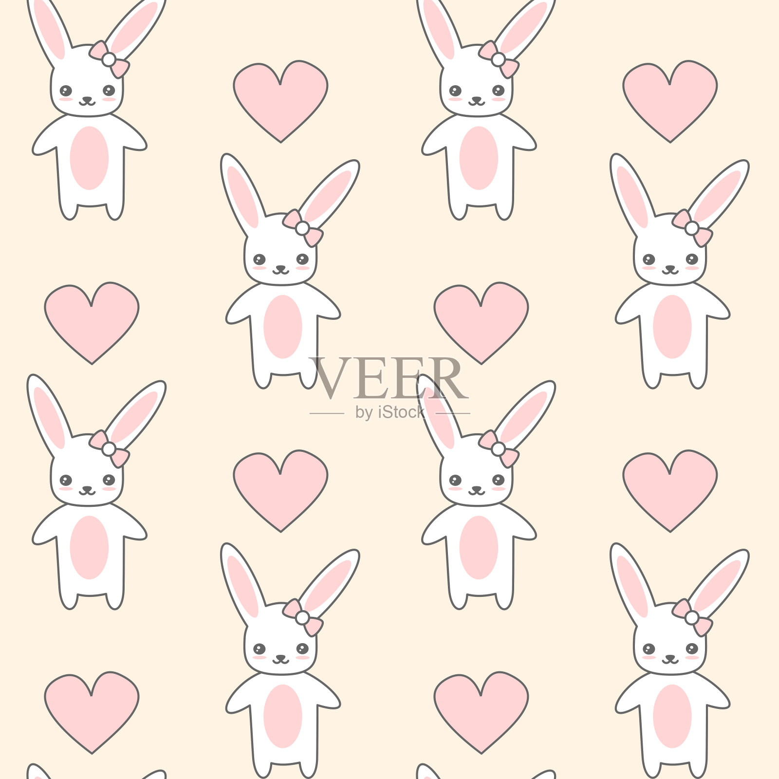 可爱的卡通无缝矢量图案背景插图与快乐的兔子和心脏插画图片素材