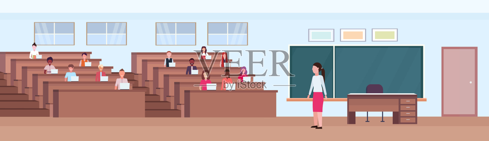 学生坐在课桌和听老师在大礼堂，报告厅，剧院的室内现代大学教室有一排排的座位和粉笔板平水平横幅插画图片素材