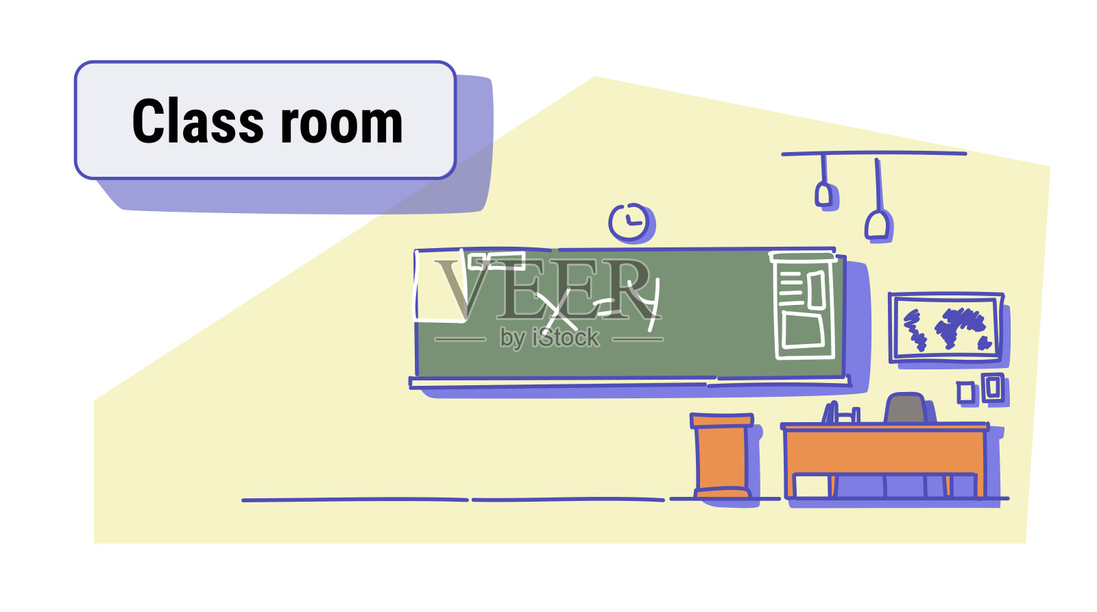 教室内部空学校教室与黑板和书桌彩色素描涂鸦水平插画图片素材