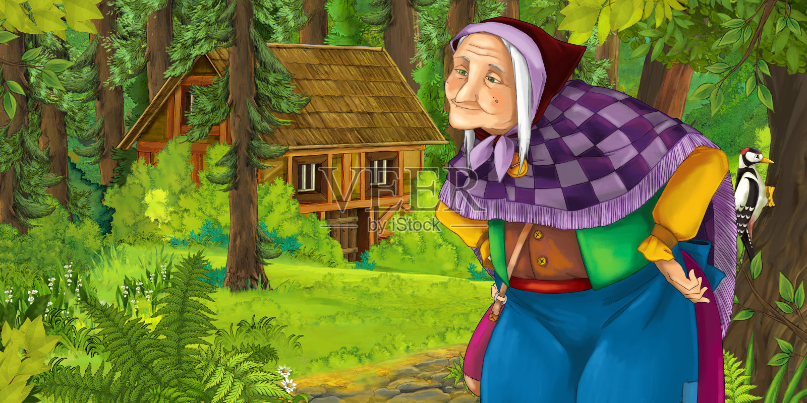 卡通场景与快乐的老女人在森林附近一些隐藏的木屋插画图片素材
