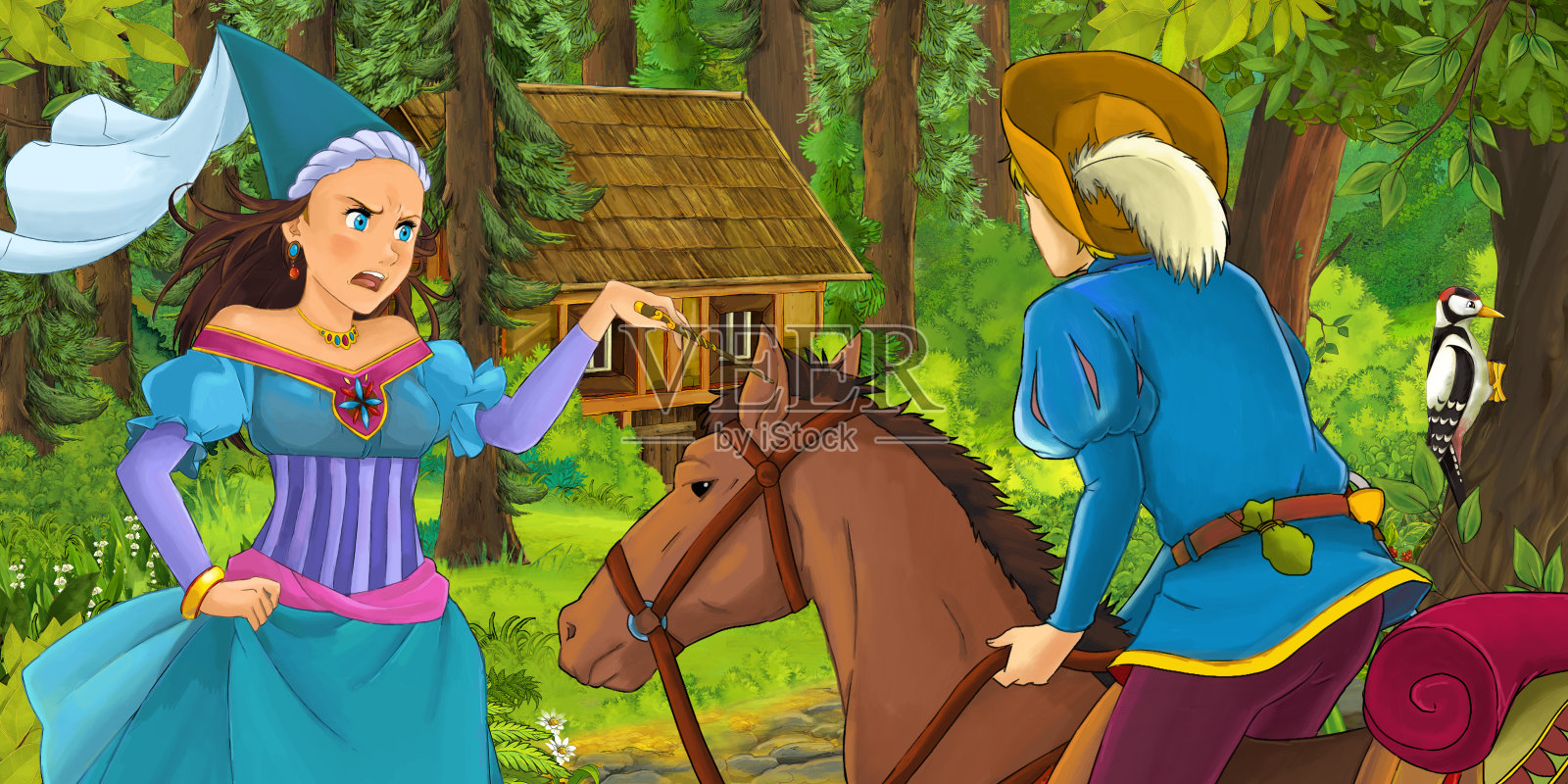 年轻的王子在森林中旅行，遇到了公主和隐藏的木屋插画图片素材