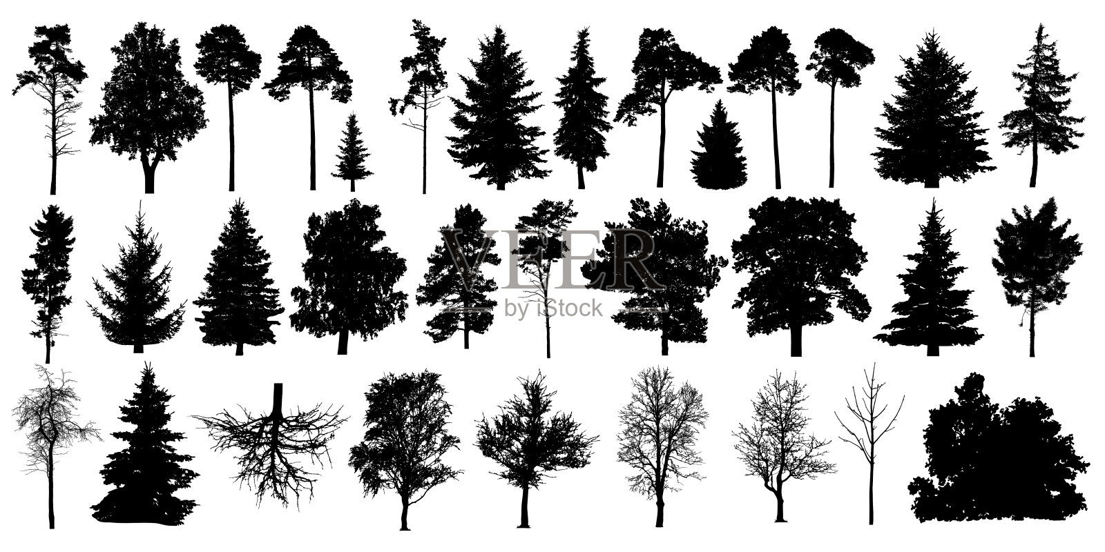 树剪影黑色矢量。孤立设置森林树木在白色的背景插画图片素材
