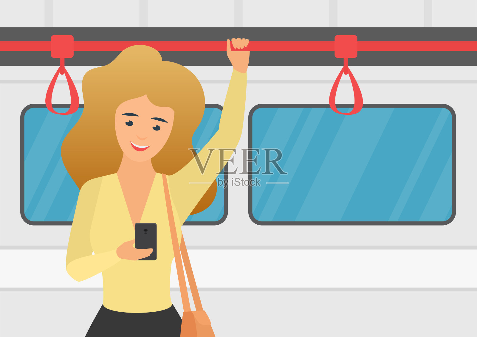 女性使用智能手机在公共交通矢量插图。插画图片素材