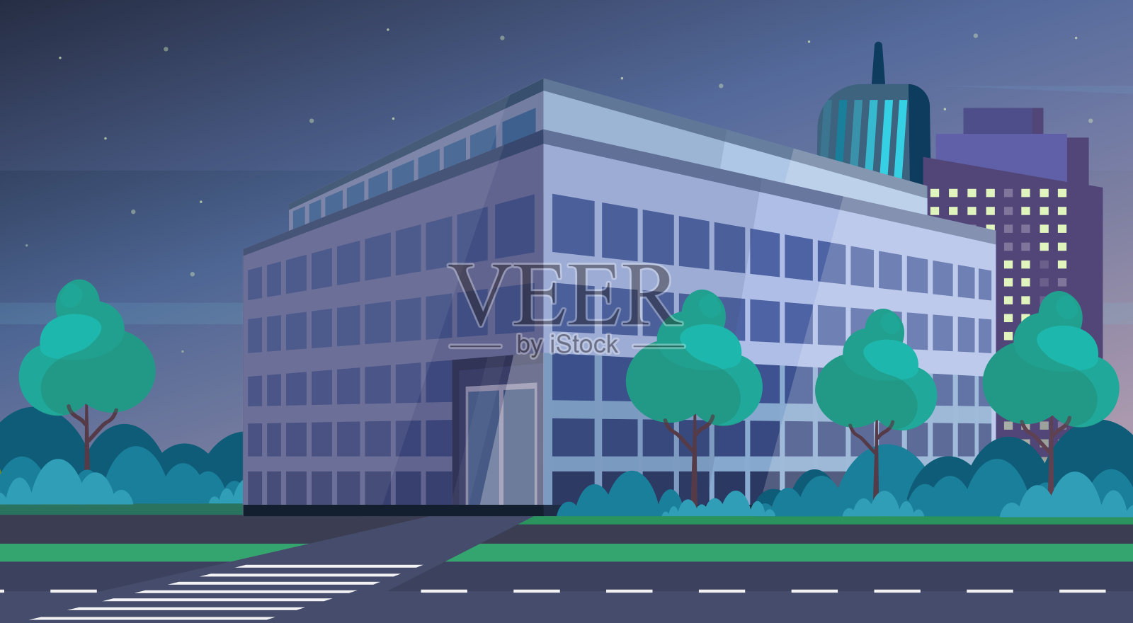 公司商务中心，现代办公大楼，夜景，城市景观背景平坦水平插画图片素材