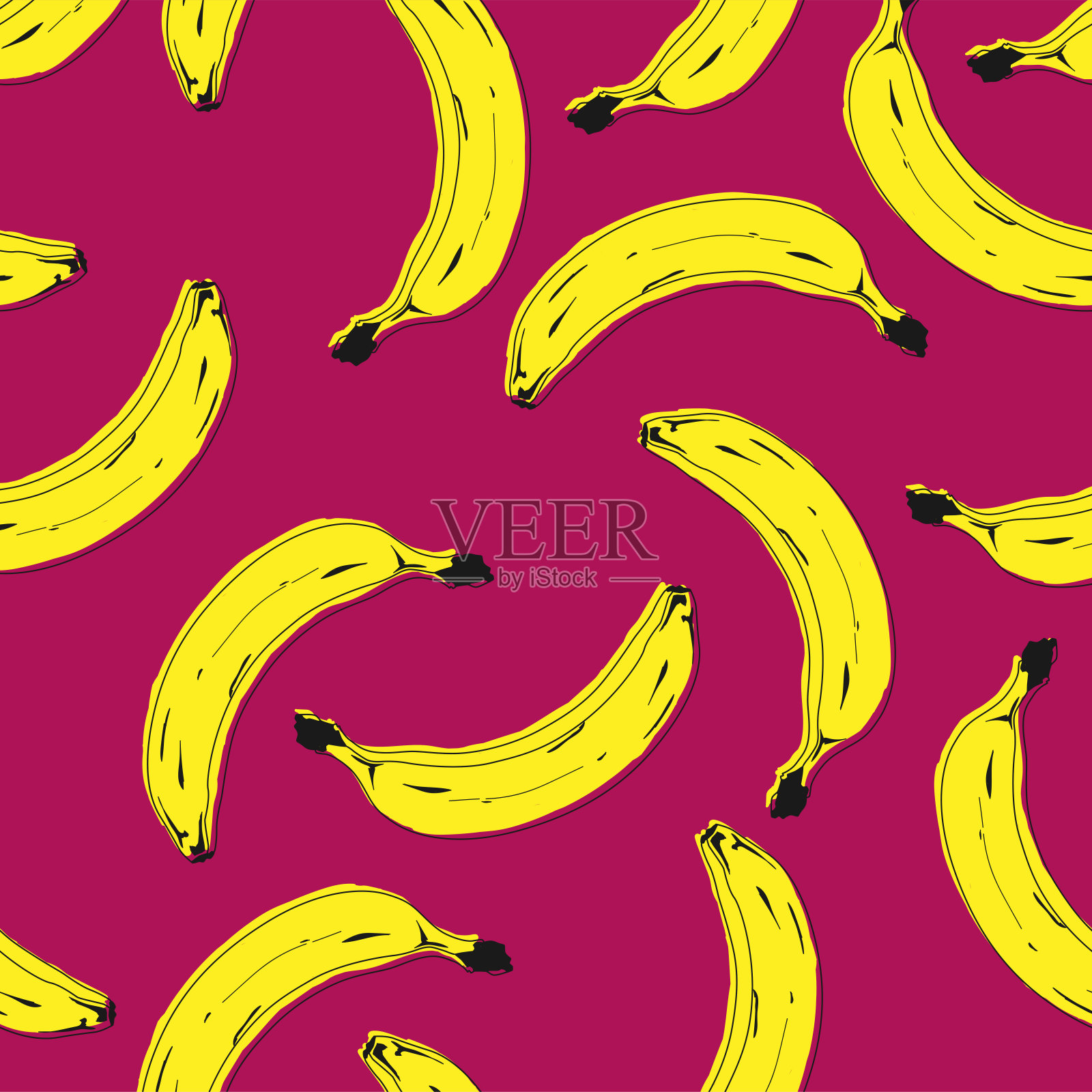无缝波普艺术香蕉图案随机分布在颜色背景。矢量插图。插画图片素材