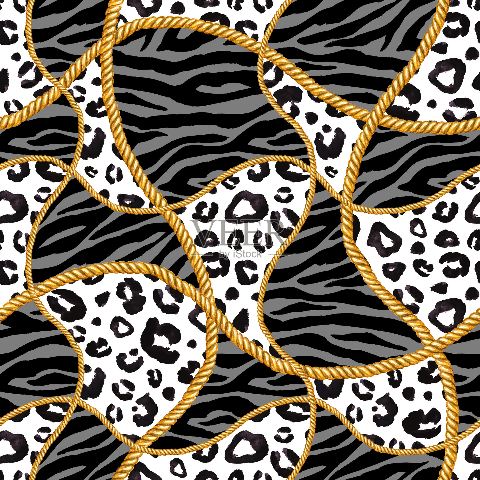 金色链条绳魅力斑马豹纹无缝图案插图。水彩纹理与金色链。插画图片素材