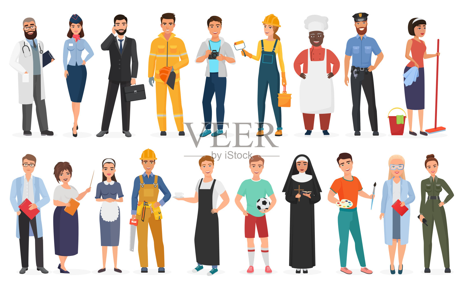 集合了各种不同职业或职业的男女工人身着职业装的矢量插图。插画图片素材