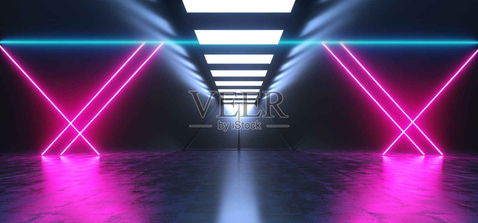 大型科幻未来宇宙飞船外星人发光的霓虹灯激光光紫色蓝色反射在混凝土表面黑暗的空大厅车库隧道走廊门户背景3D渲染照片摄影图片