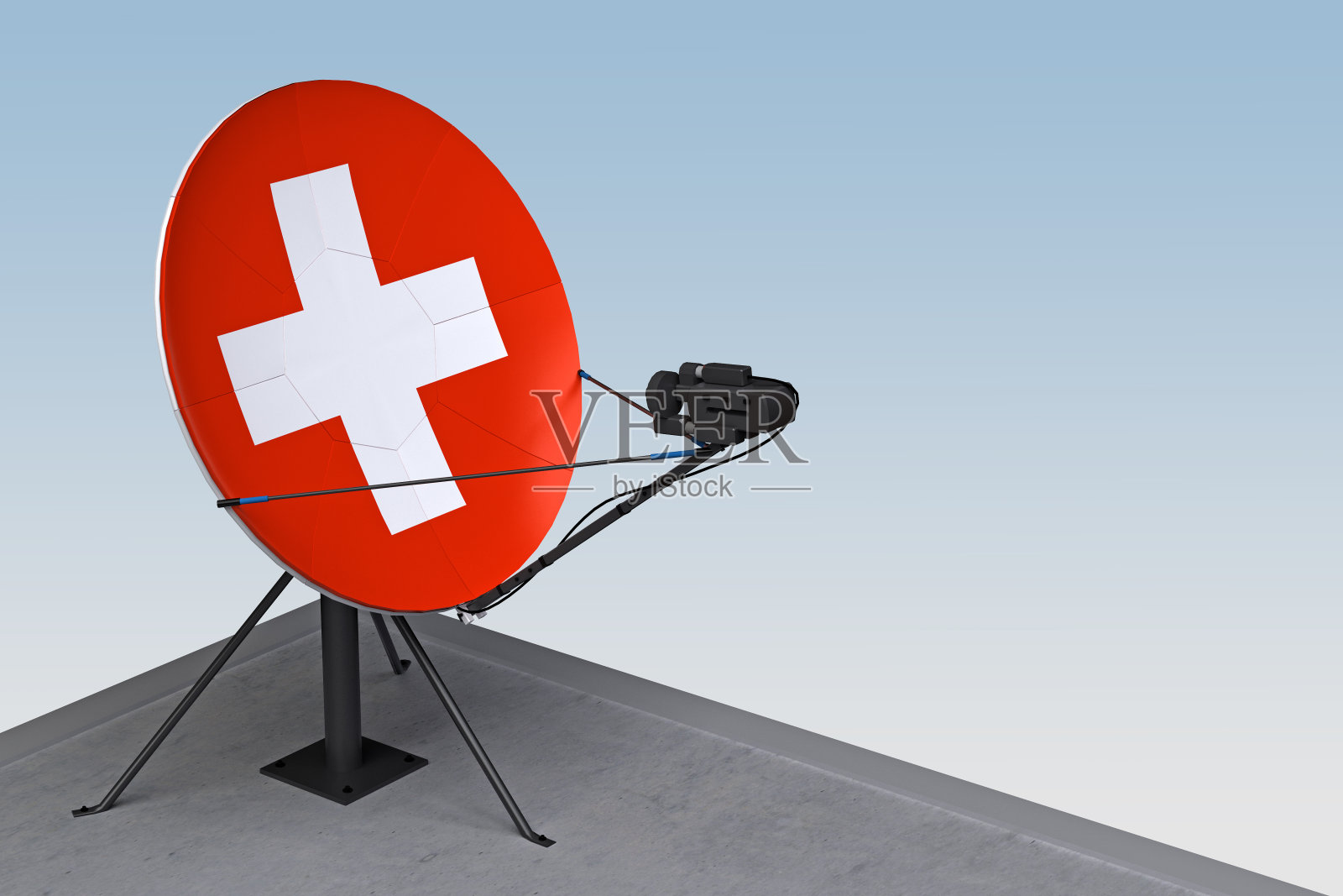 装着瑞士国旗的卫星天线照片摄影图片