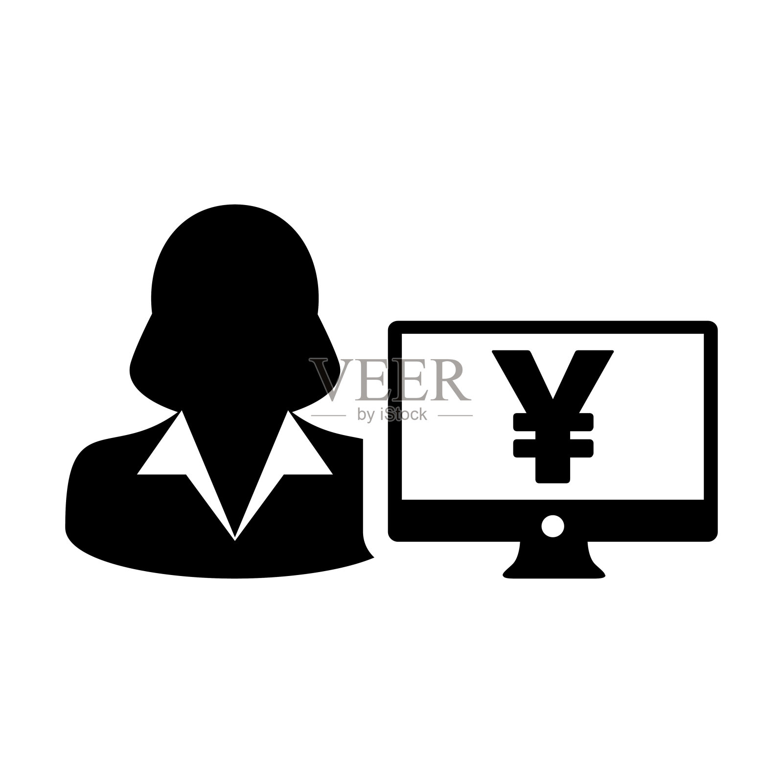 计算机图标矢量女性人的用户头像与显示器屏幕和日元符号平面颜色的象形符号图标素材