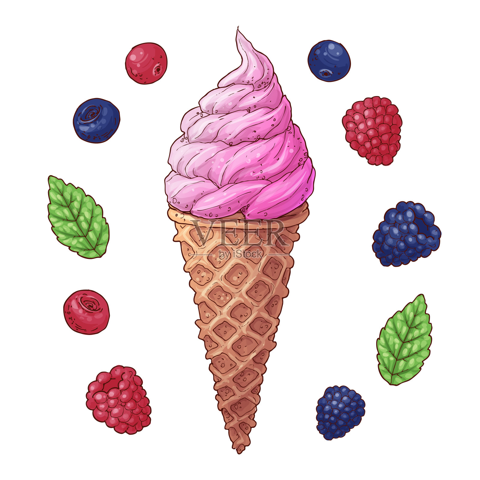 一套冰淇淋筒矢量插图。草莓，蓝莓和覆盆子黑莓冰淇淋插画图片素材