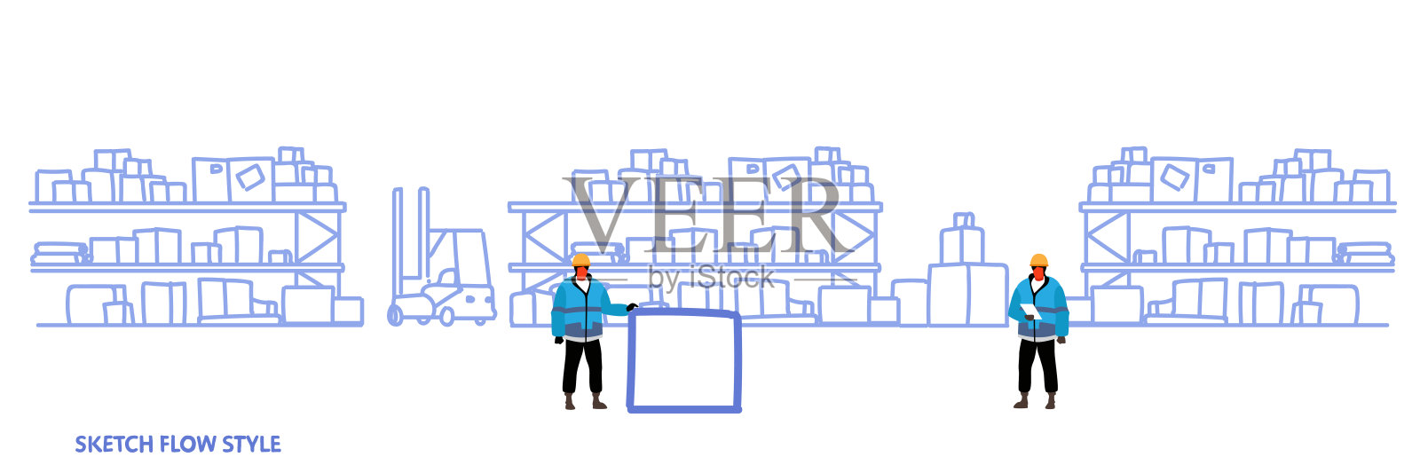 工人在统一的仓储物流配送服务概念货架与纸箱仓库内部草图流动风格横旗插画图片素材