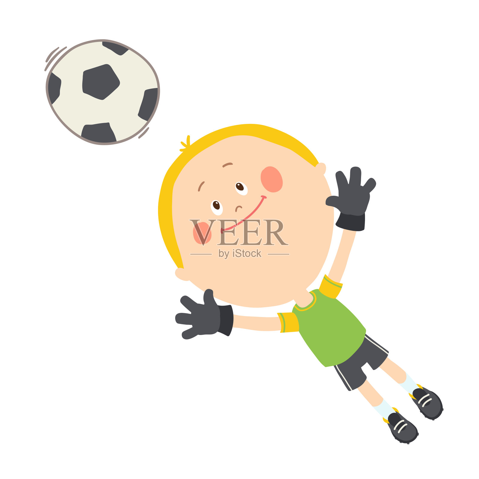 小守门员在接足球。可爱的男孩在足球场上踢足球。快乐的孩子在玩球。卡通矢量eps 10插图在白色的背景。插画图片素材