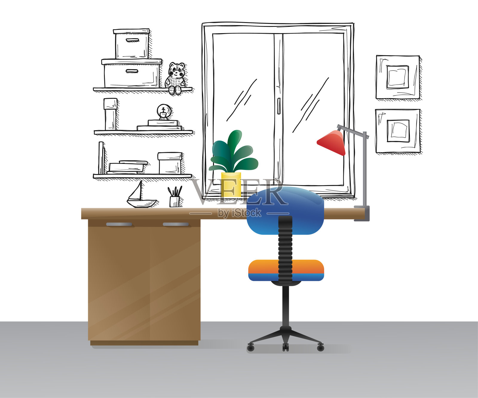 办公椅，书桌，桌子上各种物品。平面风格的工作空间。矢量图插画图片素材