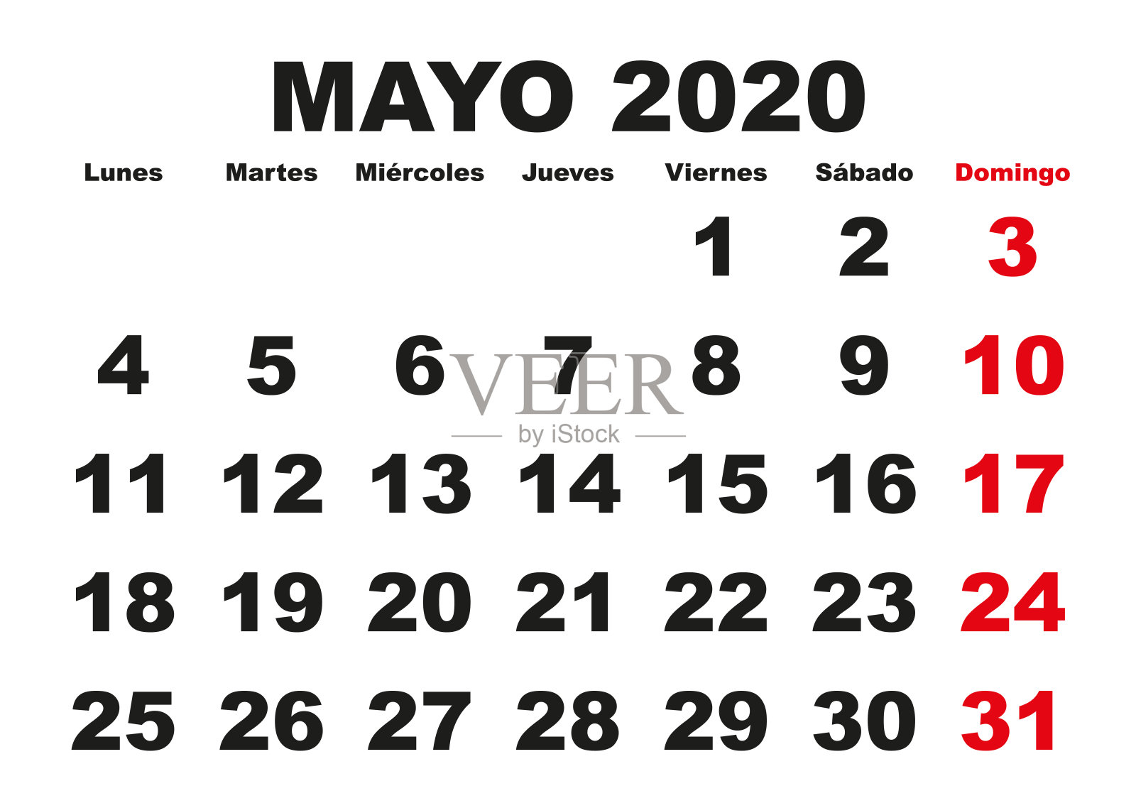 2020年5月墙日历西班牙语设计模板素材