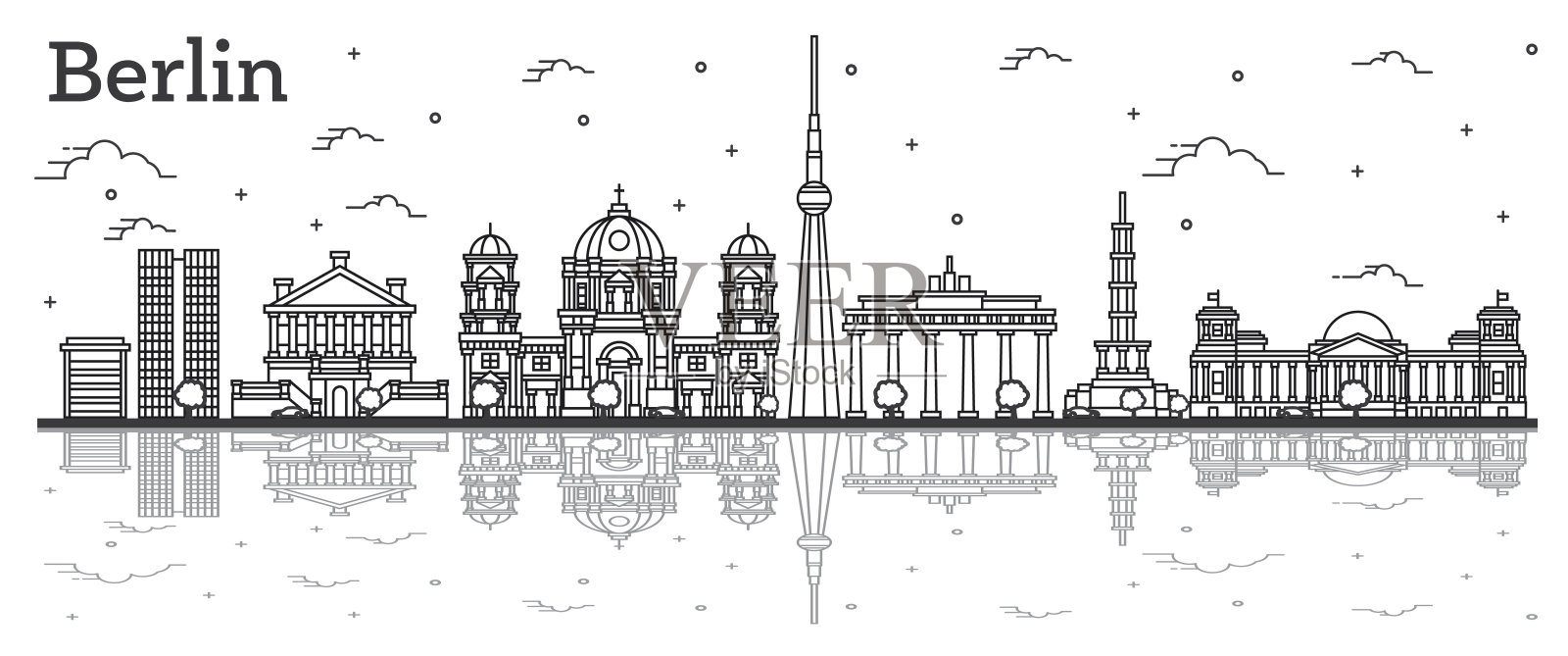 柏林德国城市天际线的轮廓与历史建筑和反射孤立在白色。插画图片素材