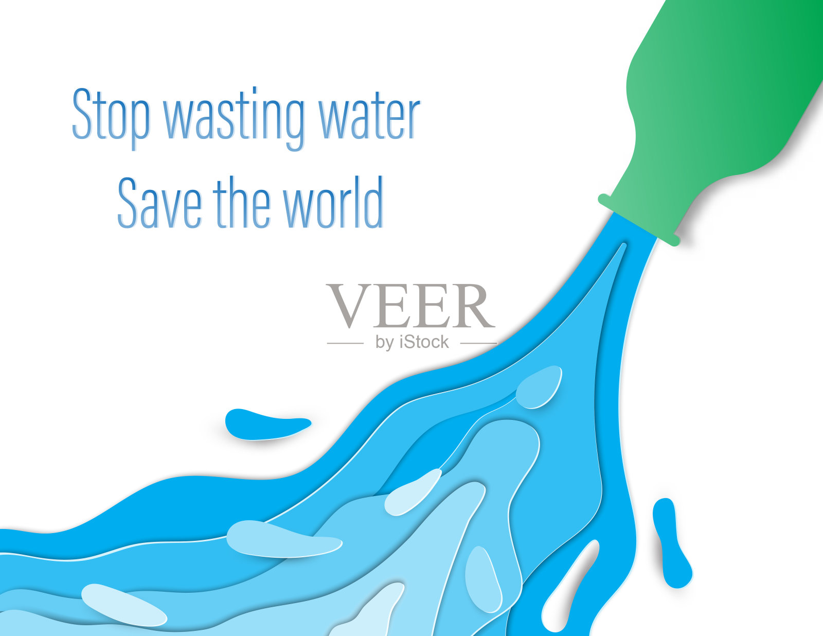 减少浪费用水的概念。水从绿色的瓶子里流出来。插画图片素材