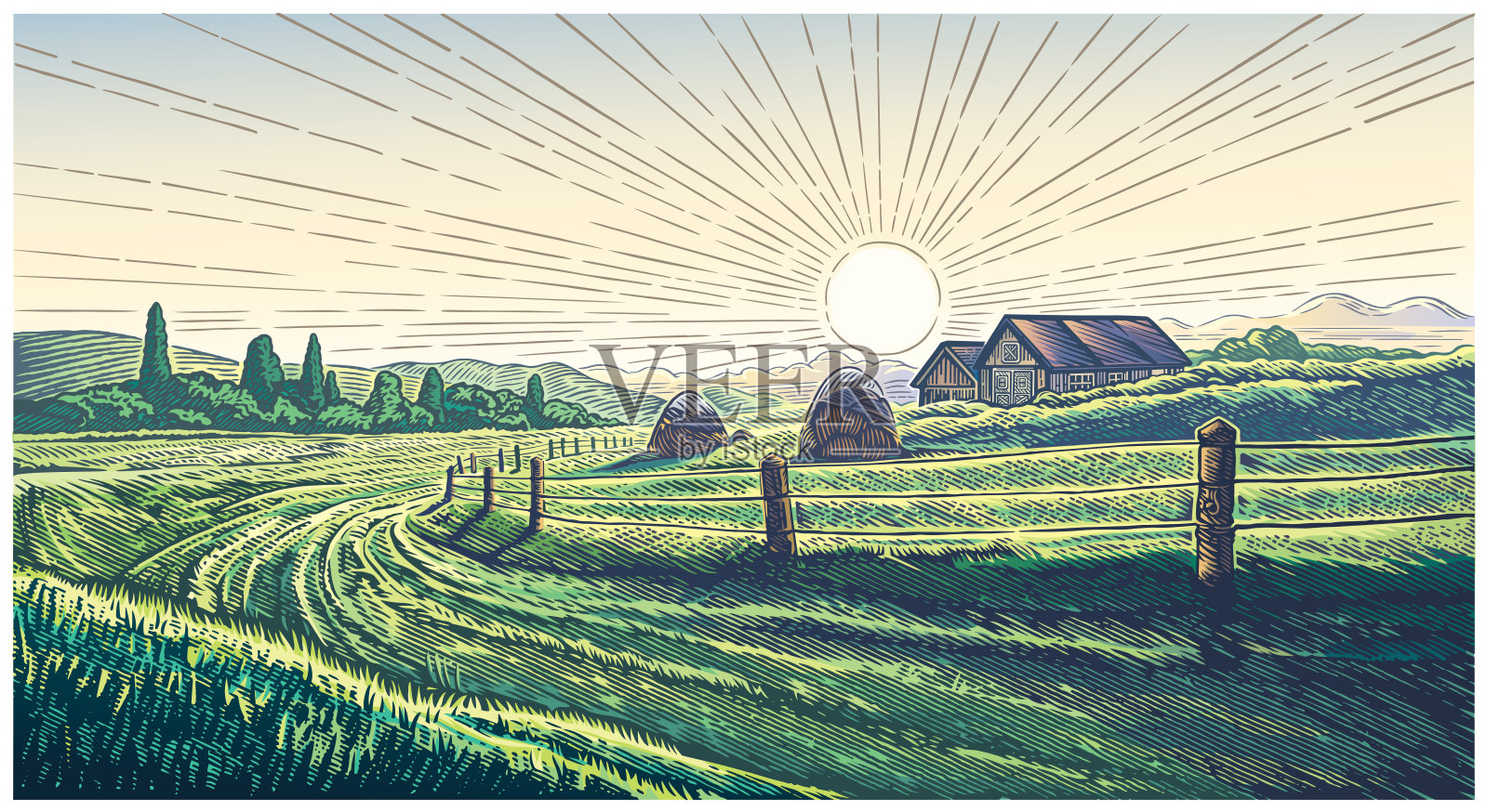 版画风格的乡村风景画插画图片素材