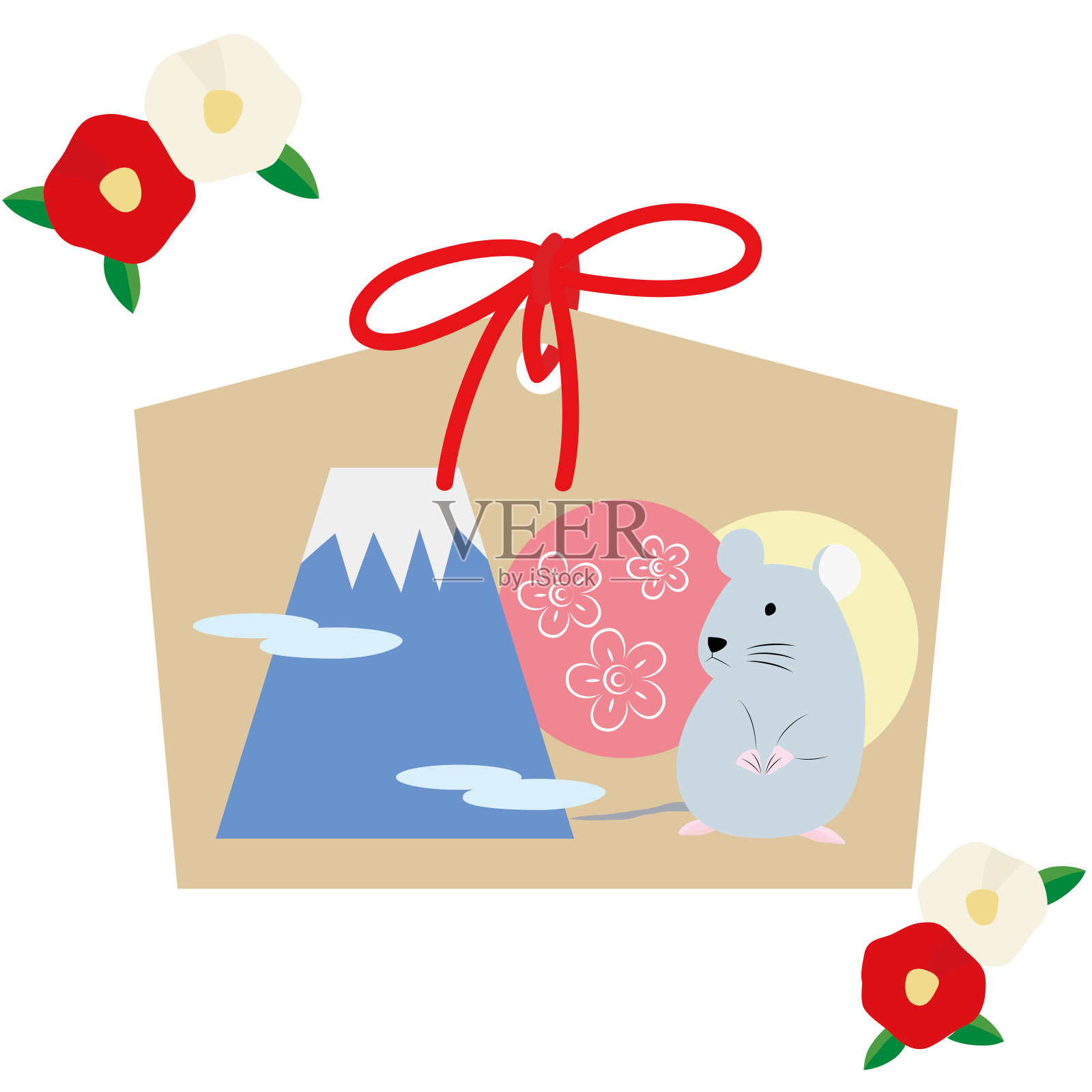 贺年卡插图一套老鼠Ema和山茶花。插画图片素材