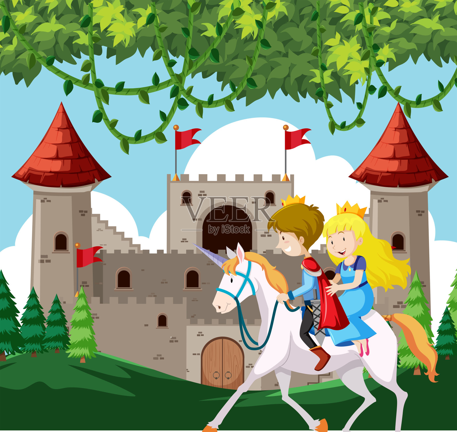 王子和公主骑马插画图片素材