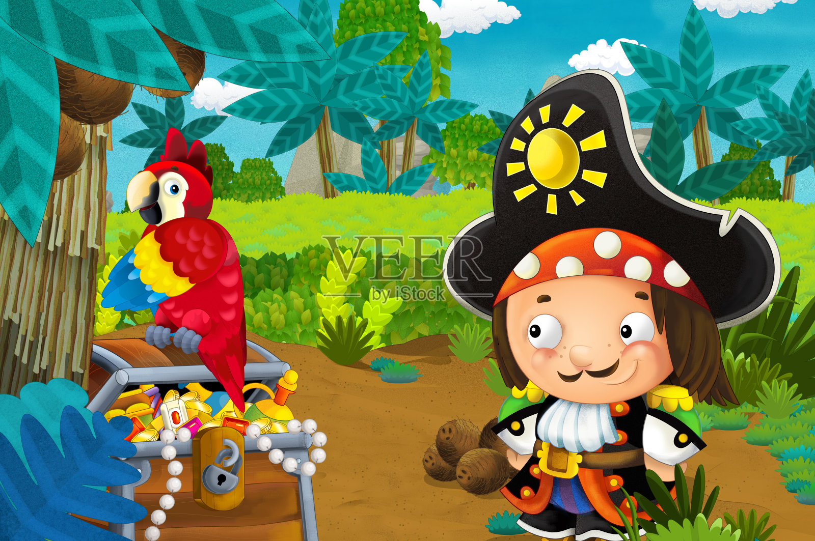 卡通场景，海盗，宝藏和鹦鹉在丛林插画图片素材