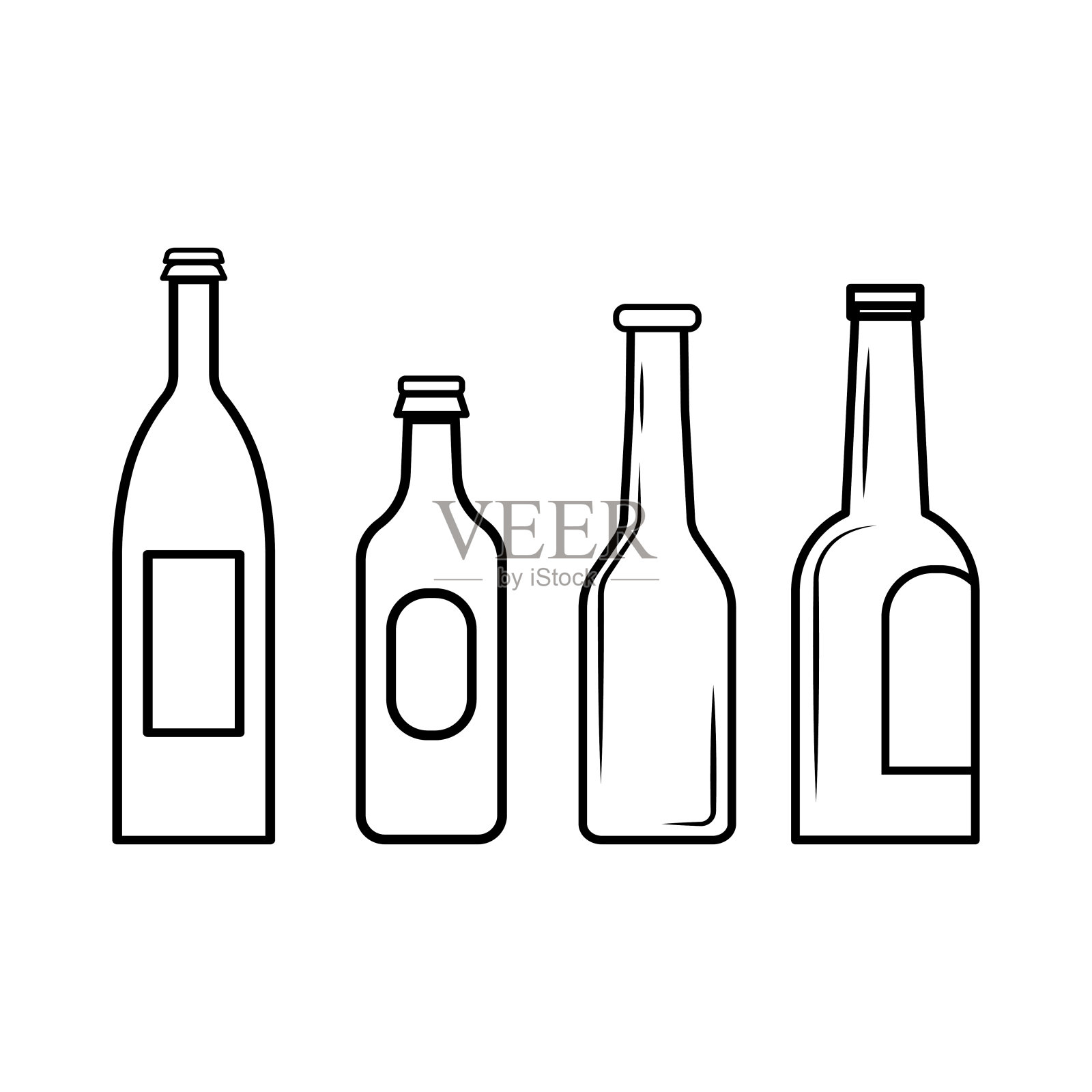 一组瓶子线图标在白色的背景-向量插图。图标素材
