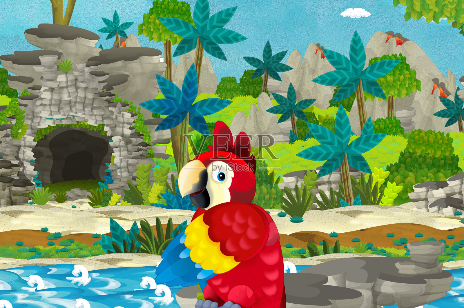 快乐有趣的鹦鹉在热带丛林的卡通场景插画图片素材