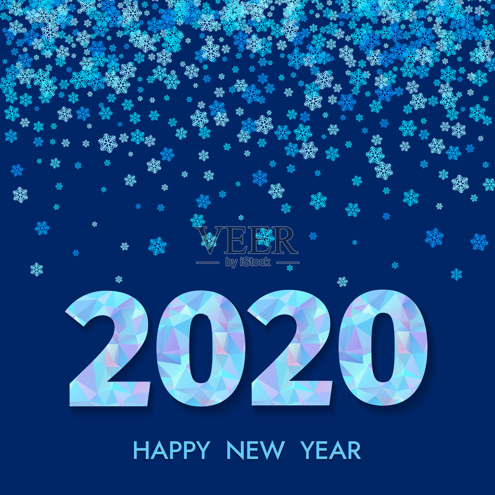 2020年新年贺卡。蓝色数字2020和雪花在黑色的背景。插画图片素材