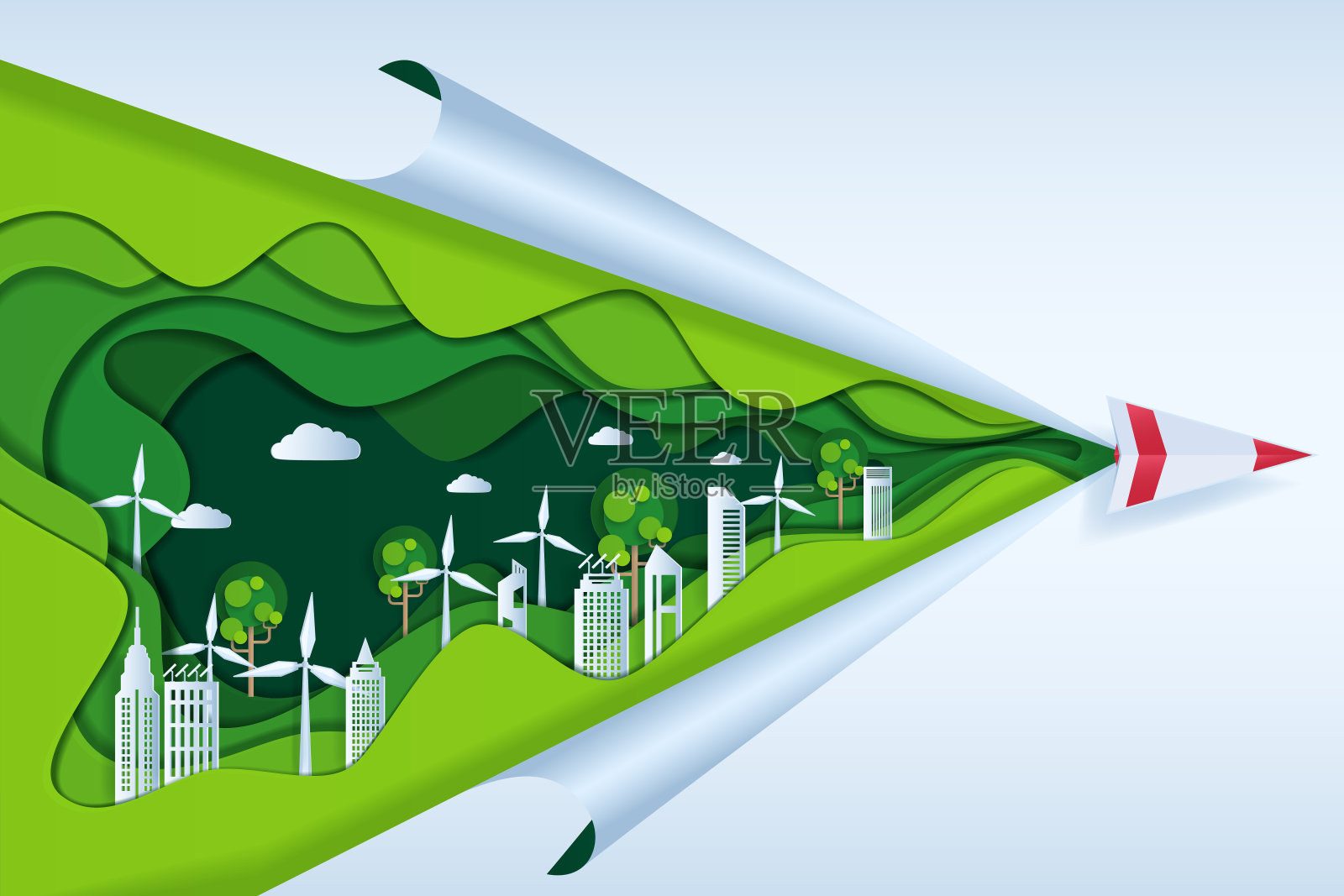 地球日剪纸风格。绿色环保的纸飞机在云端，绿色的城市自然和可再生能源的概念。插画图片素材