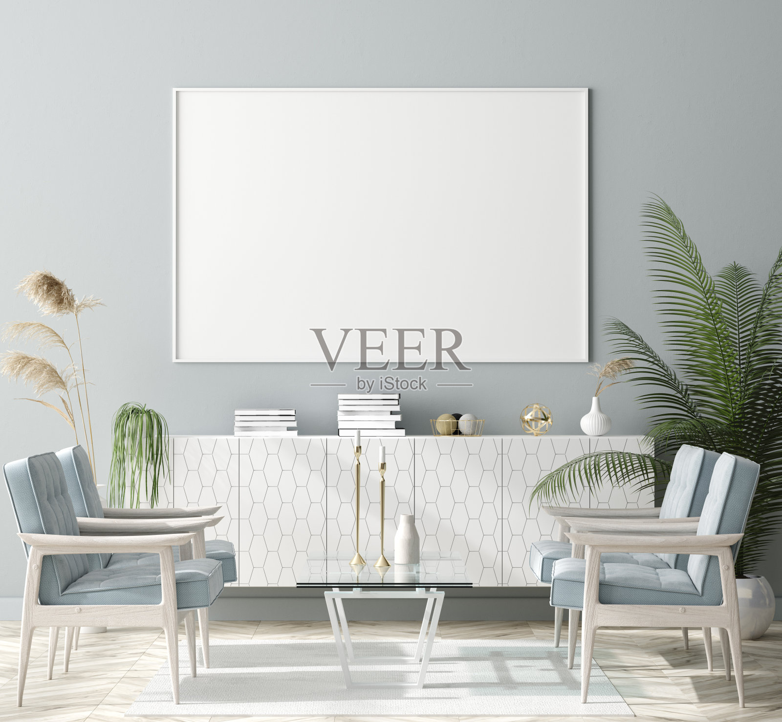 模拟海报框架在家庭室内背景，斯堪的纳维亚风格照片摄影图片