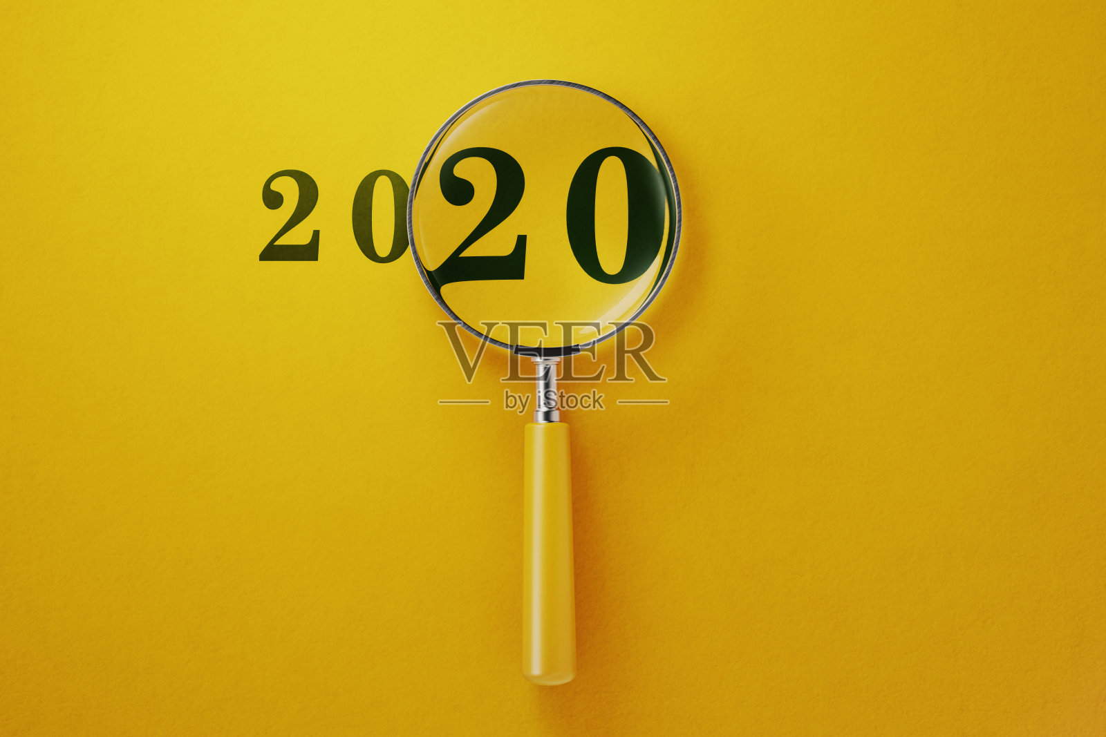 放大镜和2020黄色背景照片摄影图片