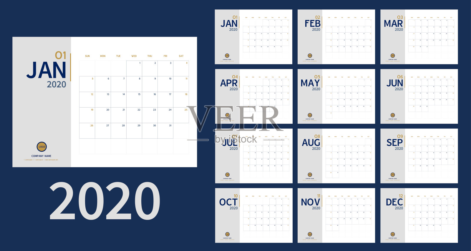 矢量2020年新年日历在干净的最小桌子简单的风格和蓝色金色，假日活动策划者，星期开始周日。包括节日活动。A5大小设计模板素材