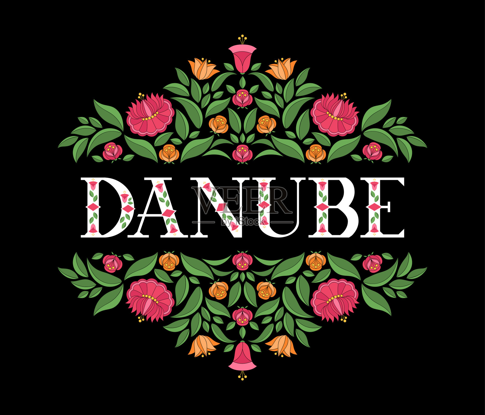 多瑙河，匈牙利插图矢量。背景与传统花卉图案从匈牙利刺绣花卉装饰设计。插画图片素材