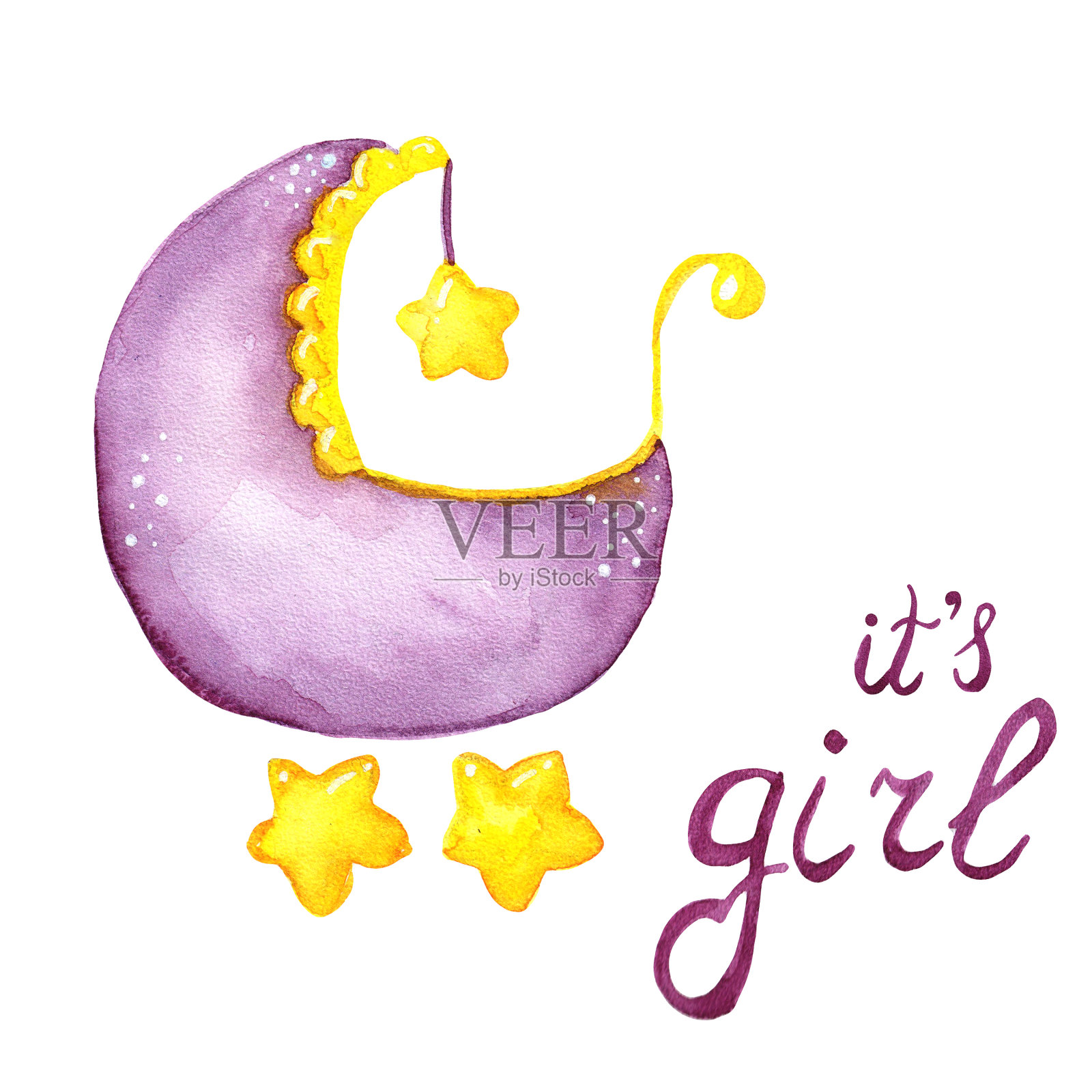 水彩贺卡一个婴儿婴儿车的插图紫色与车轮的星星与题词它的女孩在一个白色的背景。手绘设计元素图片