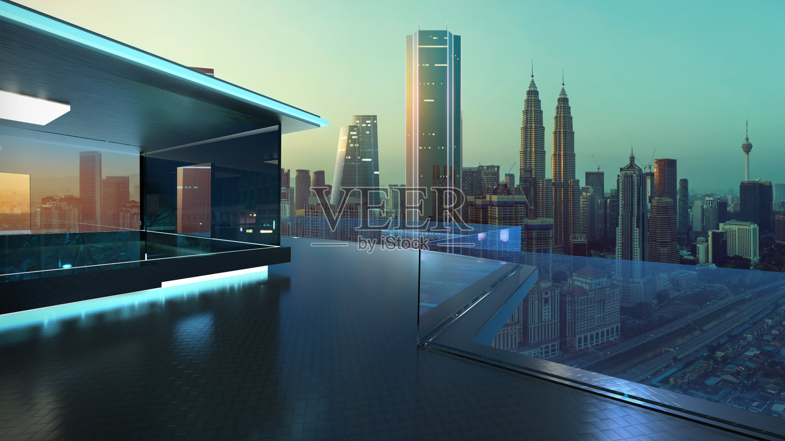 吉隆坡城市天际线的现代玻璃阳台的3D渲染照片摄影图片