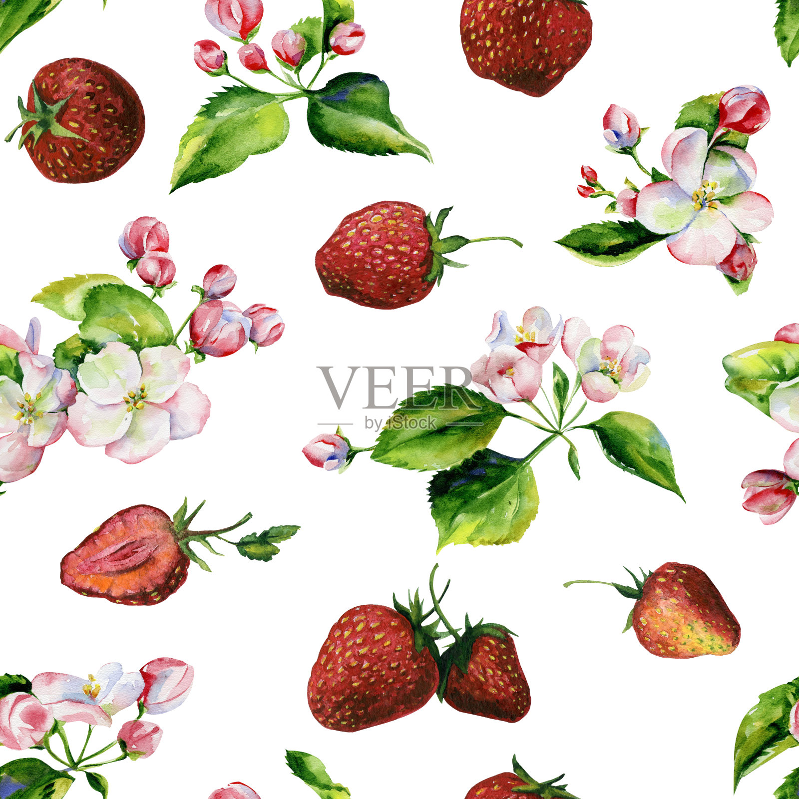 苹果树的树枝和草莓无缝图案插画图片素材